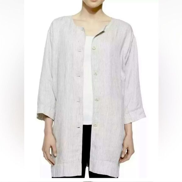 Eileen Fisher Organic Linen Button Front Slub Micro Stripe Long Jacket Dress M - Picture 1 of 7